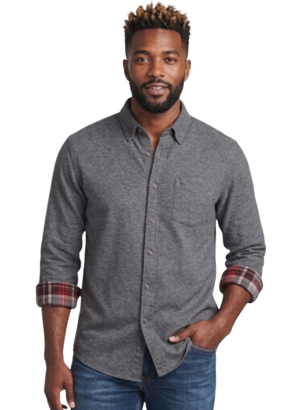 Lands' End Men Large Heathered Charcoal Gray Flannel Button Down Plaid Cuffs
W